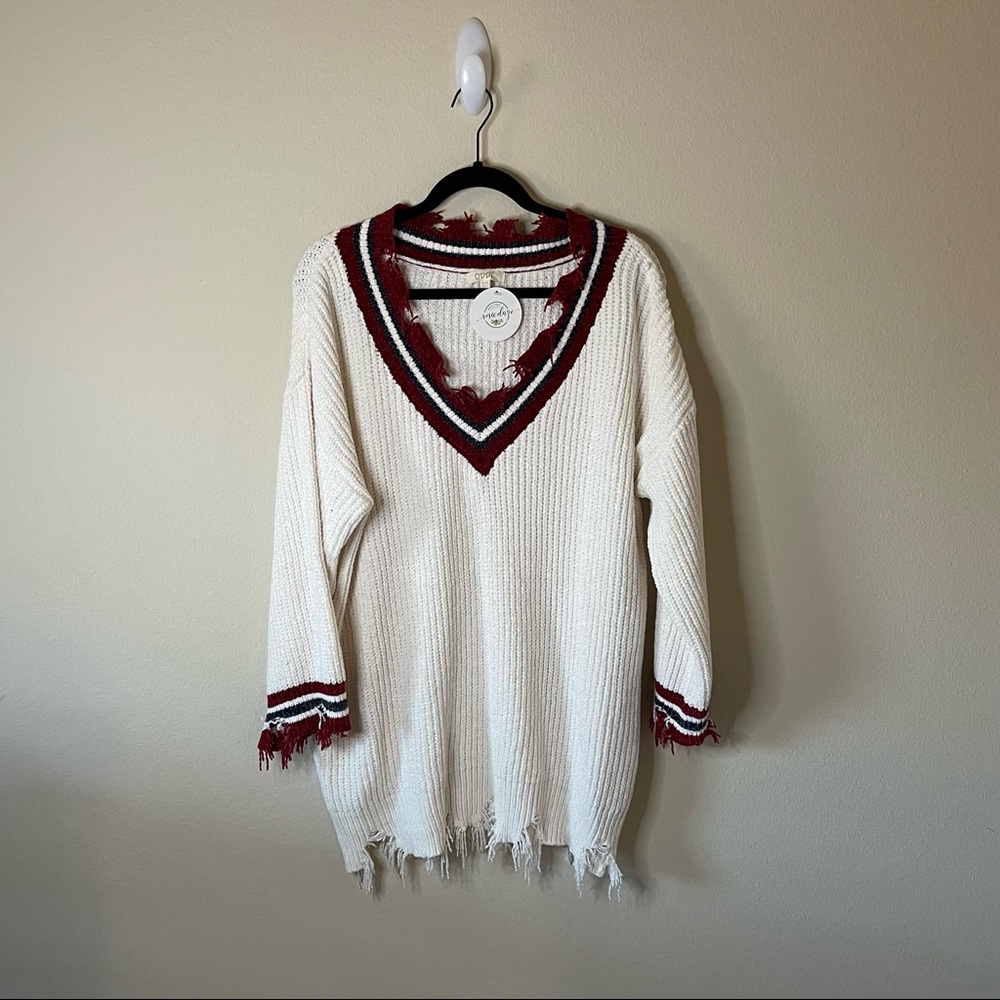 Varsity style oversized v neck sweater